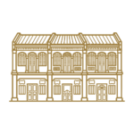 Gold line art icon illustrating a row of traditional two-story Straits Chinese shophouses with ornate shuttered windows and tiled roofs.