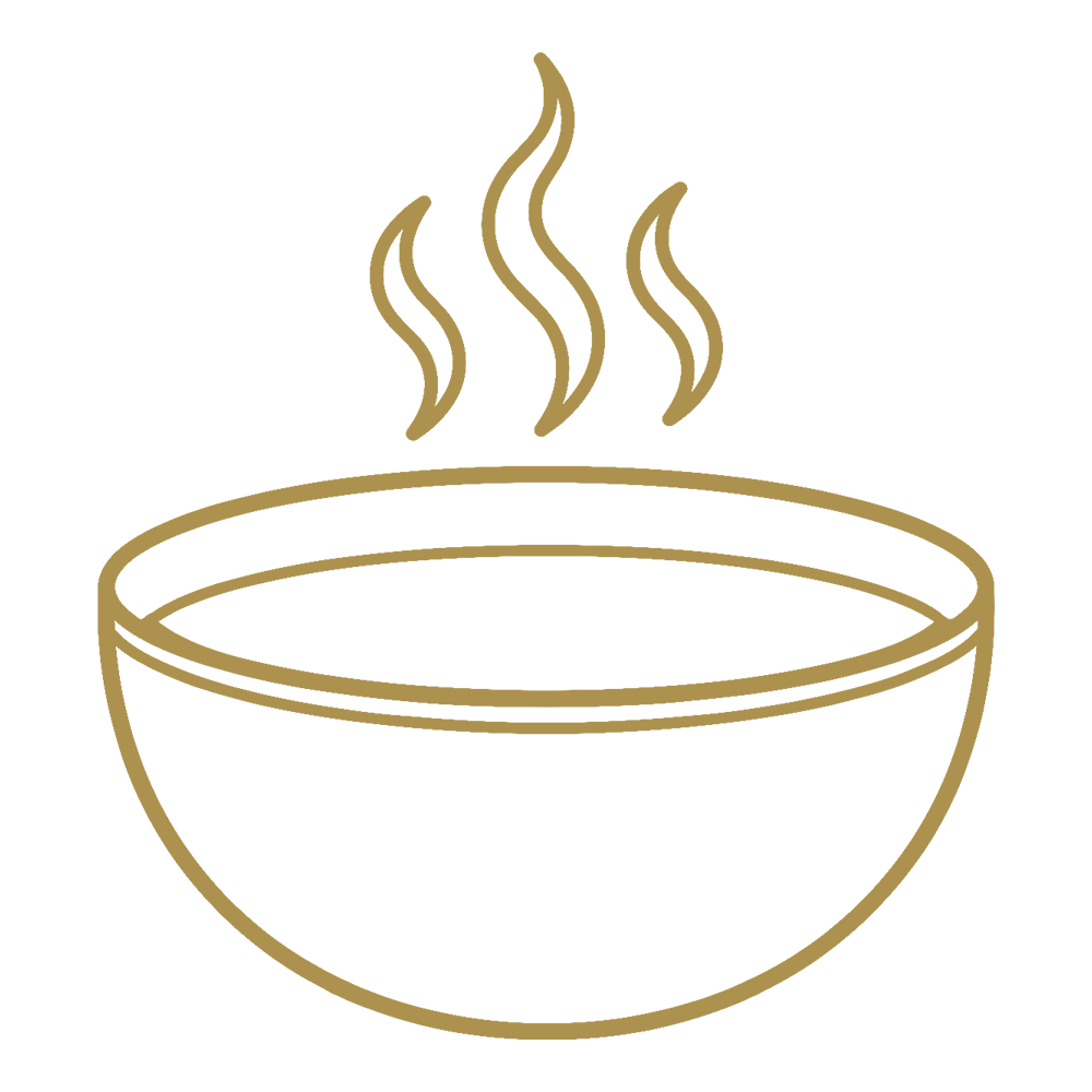 Gold line art icon of a large round soup bowl with steam rising from the top, representing hot broths and freshly served meals.