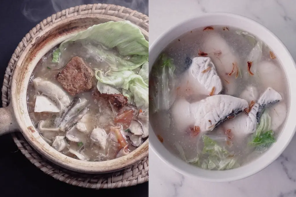 Overhead comparison of Pomfret Fish Soup and Batang Fish Soup in bowls, showing tender pomfret fish, firm batang slices, vegetables and collagen-rich broth in a Singapore-style fish soup comparison.