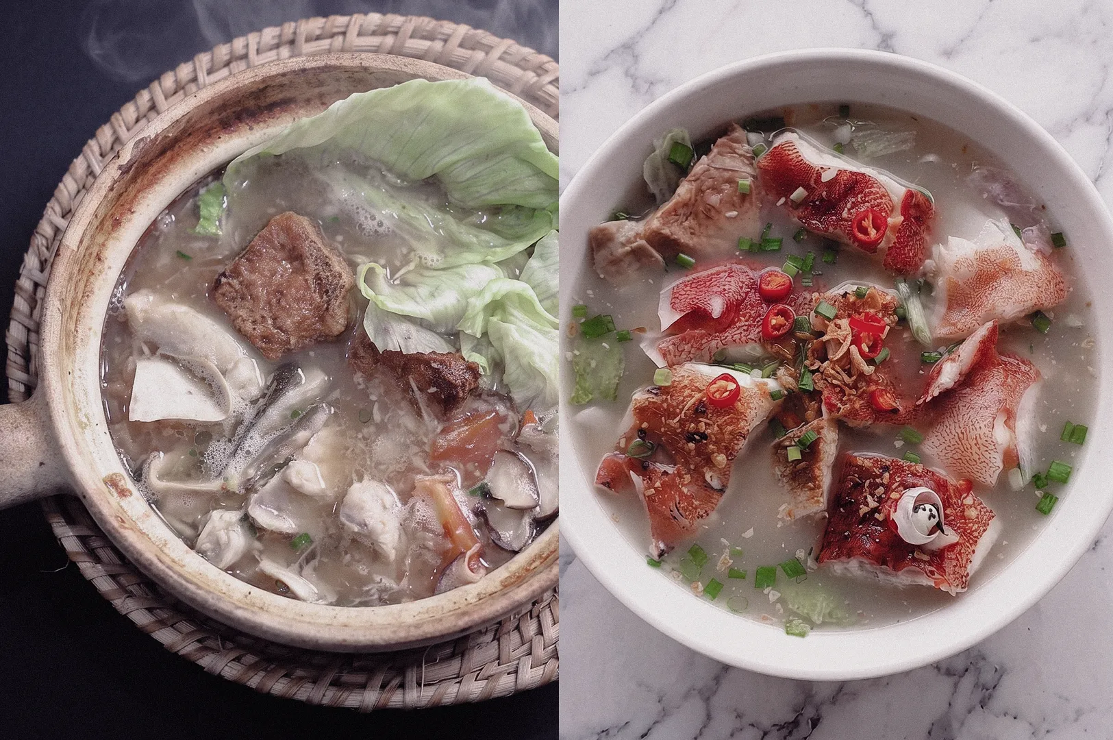 Overhead comparison of Pomfret Fish Soup and Grouper Fish Soup served in bowls, showcasing silky pomfret in collagen-rich broth and firm grouper fish slices with fresh vegetables, spring onions and chili in traditional Singapore fish soup.