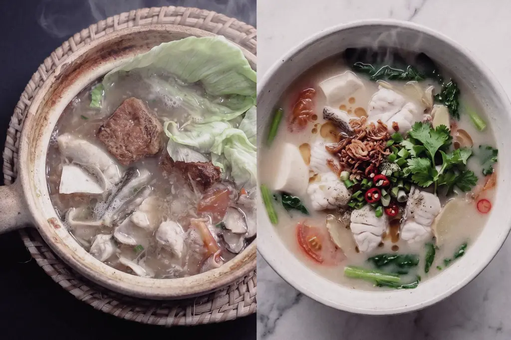 Side-by-side comparison of traditional fish soups showing a rustic claypot fish soup and Hup Lok's Grandpa's Pomfret Fish Soup with pomfret fish slices, tofu, vegetables, ginger, herbs, and collagen-rich broth in Singapore.