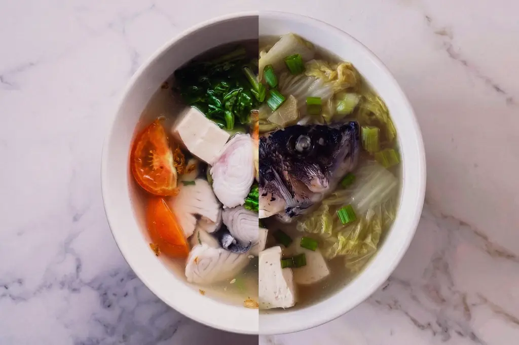 Overhead comparison of sliced fish soup and fish head soup showing tomato, tofu, vegetables and collagen-rich fish broth side by side, highlighting the difference between light sliced fish soup and rich fish head soup.