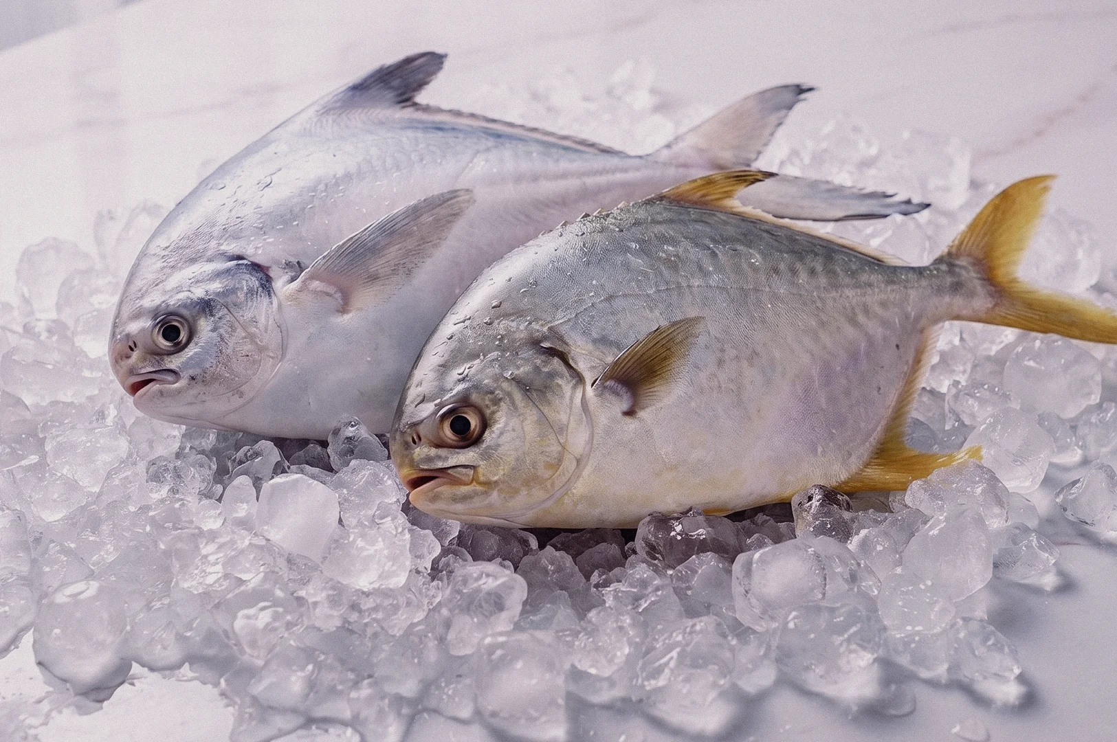 White pomfret and golden pomfret displayed side by side on crushed ice, highlighting the differences in body shape, colour and texture for seafood buyers comparing white pomfret vs golden pomfret for fish soup.