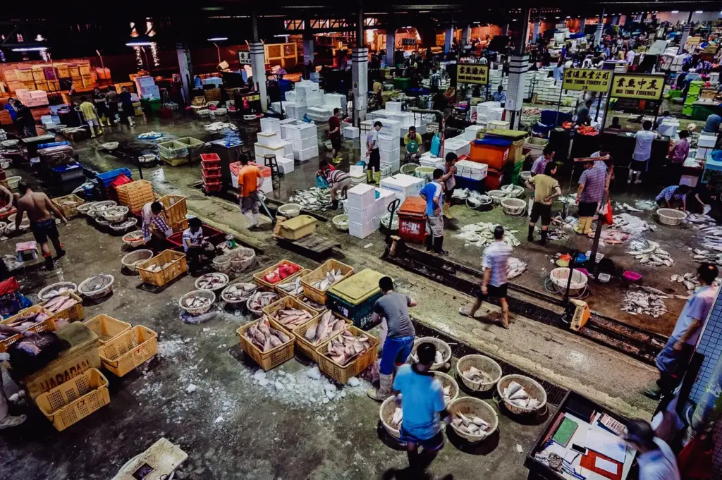 Elevated wide-angle view of a bustling seafood wholesale market with fresh fish and seafood vendors, highlighting the sourcing network behind premium restaurant fish soup in Singapore.