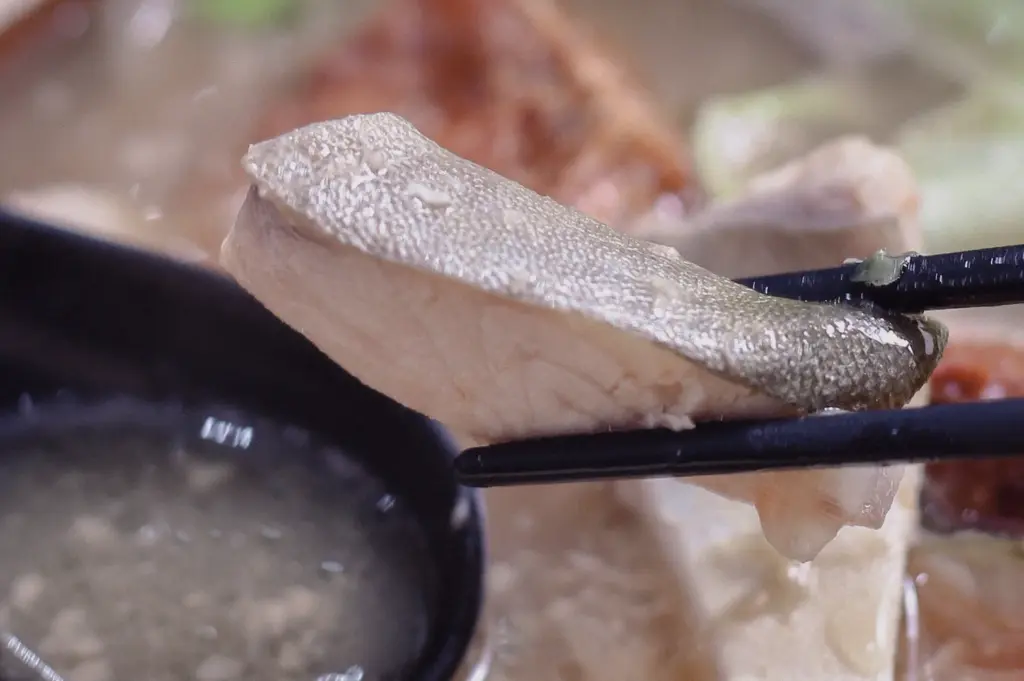 Macro eye-level shot of black chopsticks holding up a thick slice of tender, cooked pomfret fish, highlighting its skin and fine flaking texture.