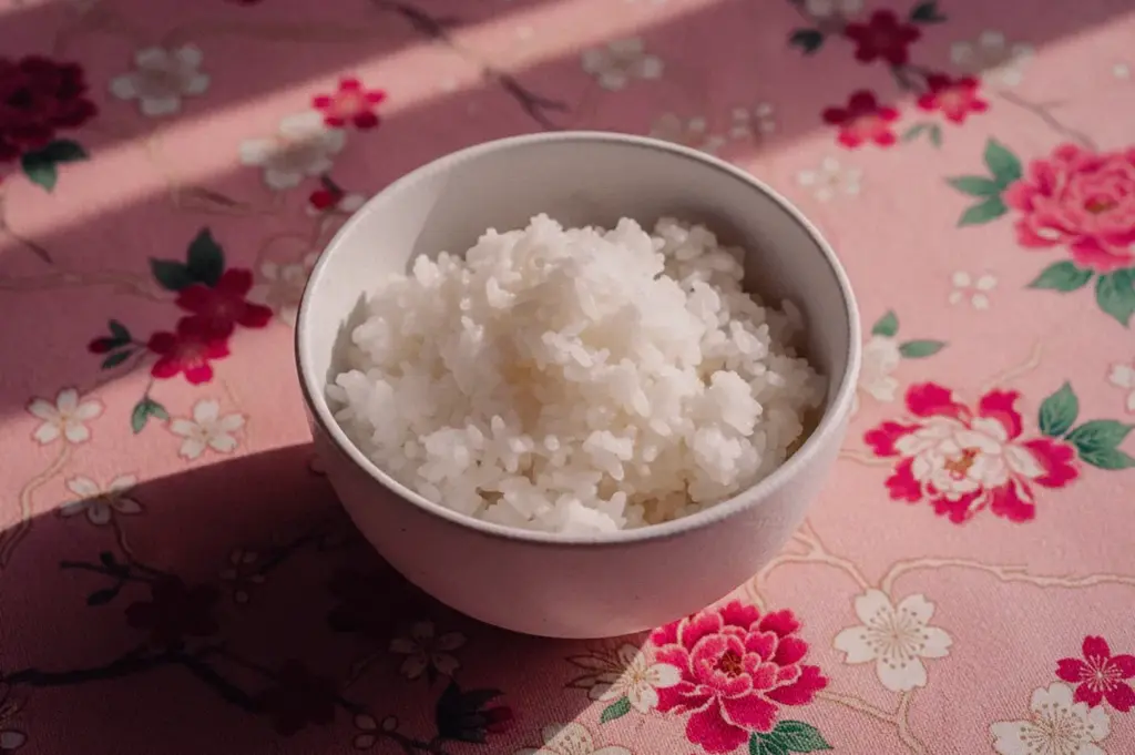 white ceramic bowl filled with steamed white rice sits on a pink tablecloth decorated with floral patterns. Soft sunlight casts diagonal shadows across the table, highlighting the texture of the rice and the vivid pink, red, and white flowers in the fabric design.