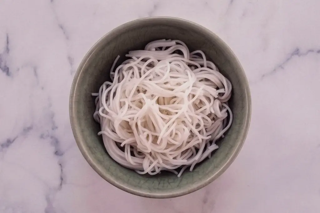 Top-down flat lay of cooked bee hoon rice vermicelli in a ceramic bowl, a popular noodle choice served with Teochew-style fish soup in Singapore.