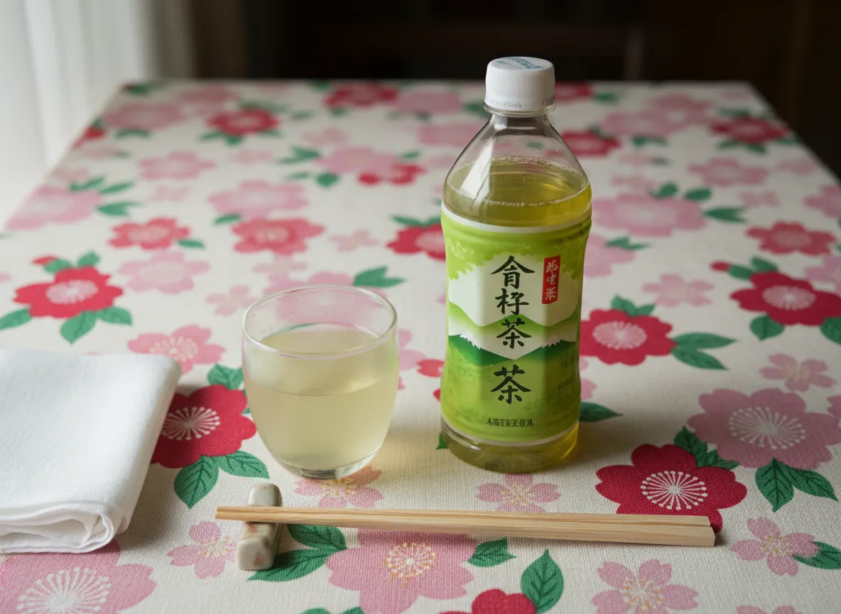 Three-quarter angle tabletop shot of an Ayataka Japanese green tea bottle beside a glass of brewed green tea, styled with chopsticks and a folded napkin on a pink floral tablecloth, highlighting traditional Japanese beverage culture and refreshing bottled green tea.