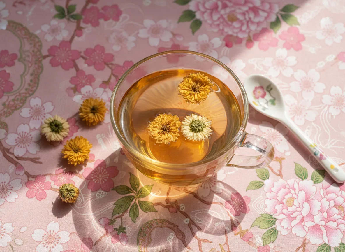 Overhead flat lay shot of chrysanthemum flower tea served in a clear glass cup, with floating dried blossoms and a decorative ceramic spoon on a pastel floral surface, emphasizing herbal tea wellness and traditional botanical infusion.