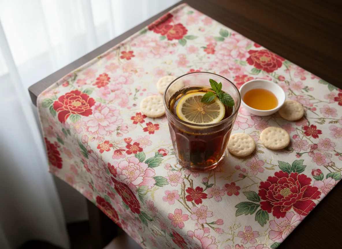 High-angle tabletop shot of a glass of herbal tea garnished with fresh lemon slices and mint leaves, served alongside honey and crackers on a floral-patterned tablecloth, showcasing a comforting wellness tea and natural home refreshment.