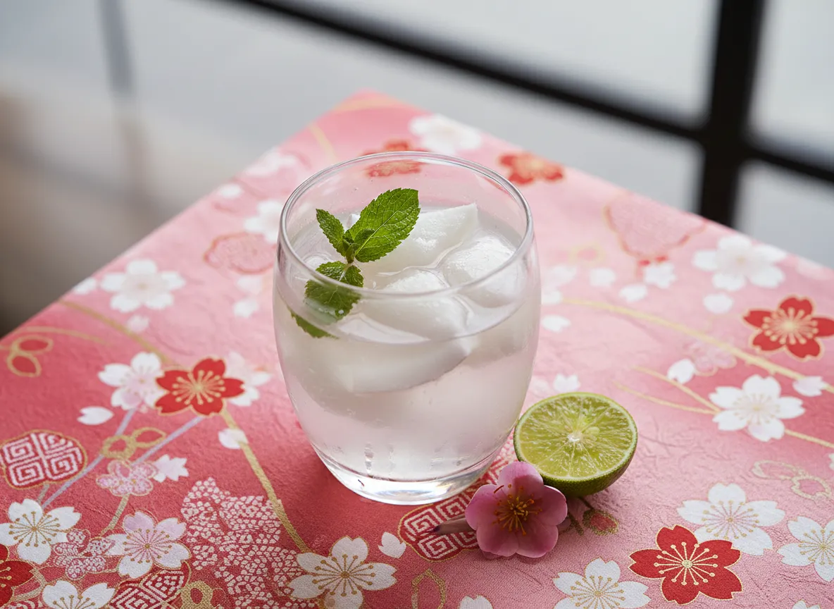 Three-quarter high-angle shot of chilled coconut water served over ice with fresh mint leaves, accompanied by a halved lime and pink blossom on a Japanese-inspired floral tablecloth, highlighting a refreshing tropical beverage and healthy hydration.