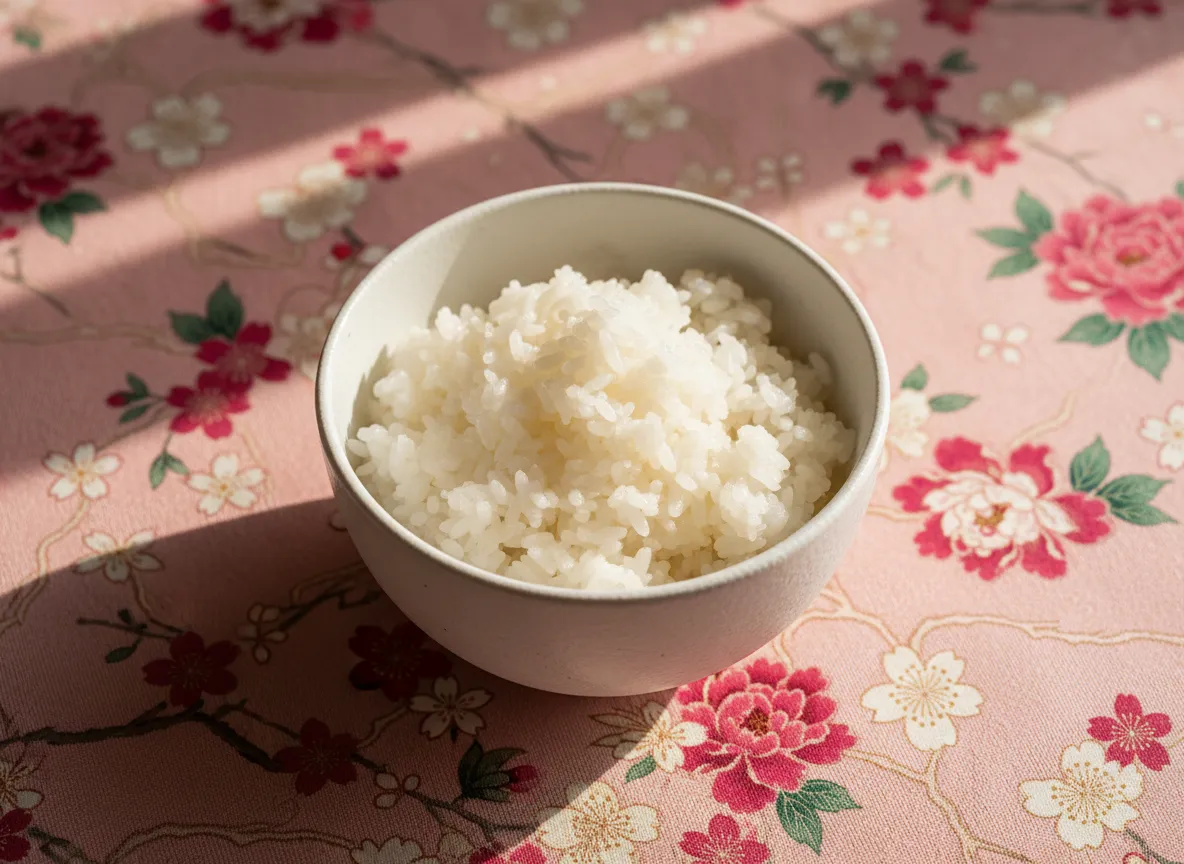 Top‑down shot of a simple bowl of cooked white rice placed on a floral‑patterned tablecloth with pink, red, and green designs, illuminated by soft natural sunlight casting gentle shadows, emphasizing everyday Asian dining culture and minimalist food styling.