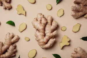 A top-down overhead flat lay shot displays whole fresh ginger roots and sliced ginger rounds arranged with green leaves on a light beige background.