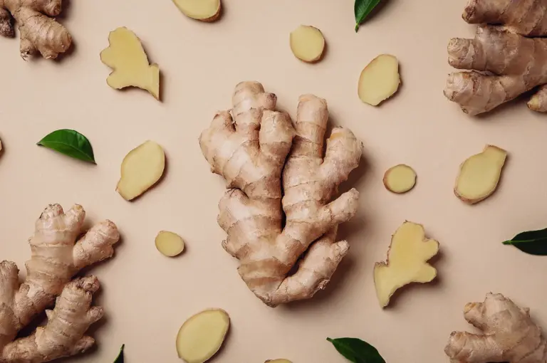 A top-down overhead flat lay shot displays whole fresh ginger roots and sliced ginger rounds arranged with green leaves on a light beige background.