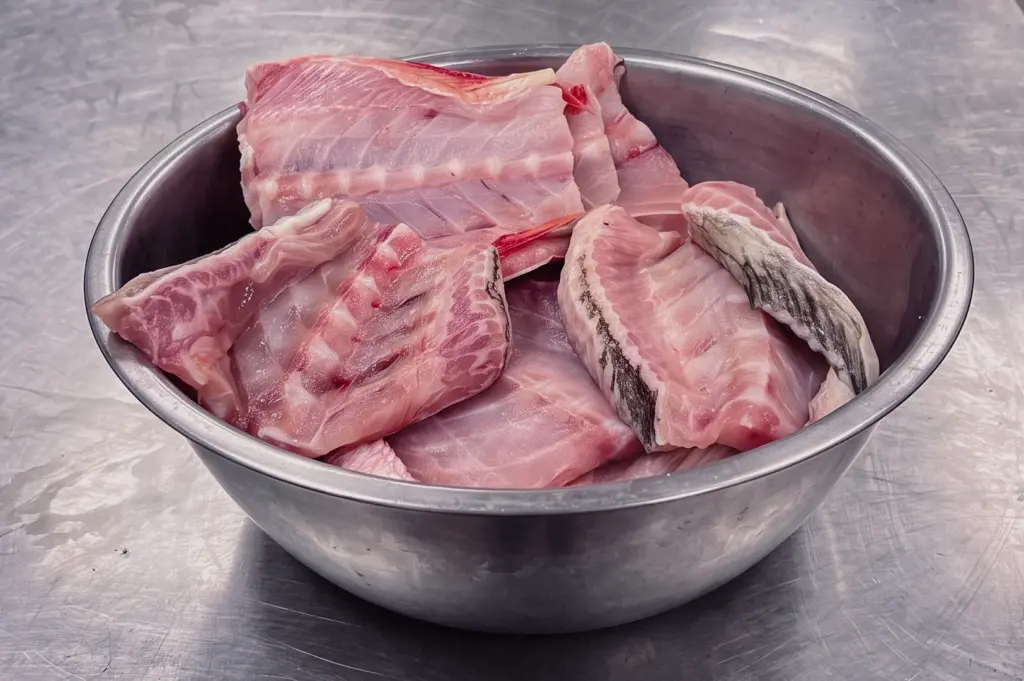 A high-angle three-quarter shot features fresh raw batang fish frames and bones neatly stacked inside a stainless steel mixing bowl on a kitchen counter.