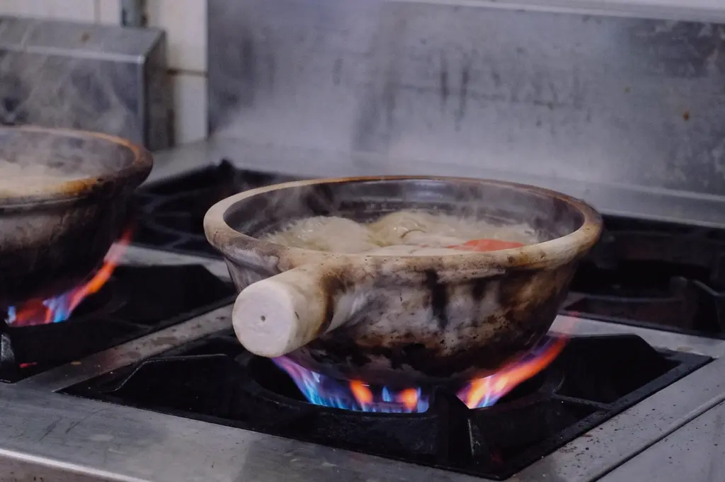Low-angle close-up shot showing a traditional earthenware claypot bubbling over an open gas flame stove in the kitchen.