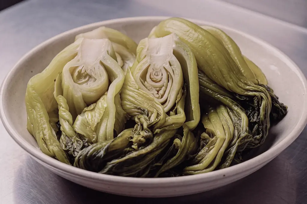 Eye-level close-up shot of a white bowl containing freshly prepared kiam chye (salted mustard greens) used to balance Teochew pomfret soup.