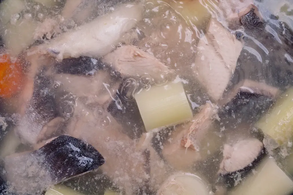 A top-down overhead flat lay shot captures fish bones, leeks, and ingredients rendering collagen in a gently bubbling stockpot.