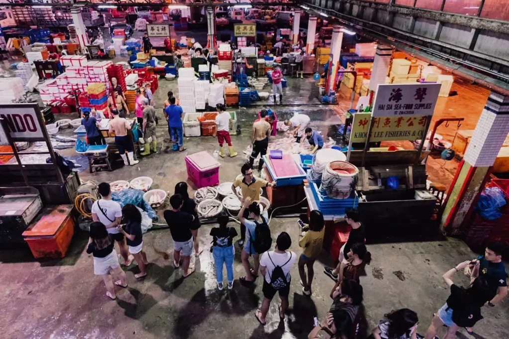 A high-angle wide shot captures the bustling early-morning activity and visitors at Jurong Fishery Port supplied by Hai Sia Seafood.
